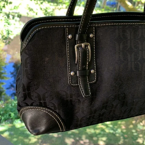 Vintage Fossil Shoulder bag large black leather canvas silver hardware Y2K - Picture 5 of 15